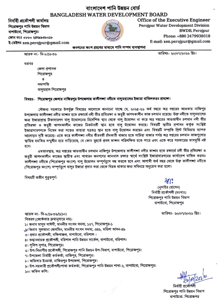 নাজিরপুরে কালীগঙ্গা নদীতে বালু উত্তোলন বন্ধে ইজারা বাতিলের সুপারিশ